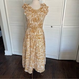 THML midi dress brown white line print ruffle sleeve smocked medium